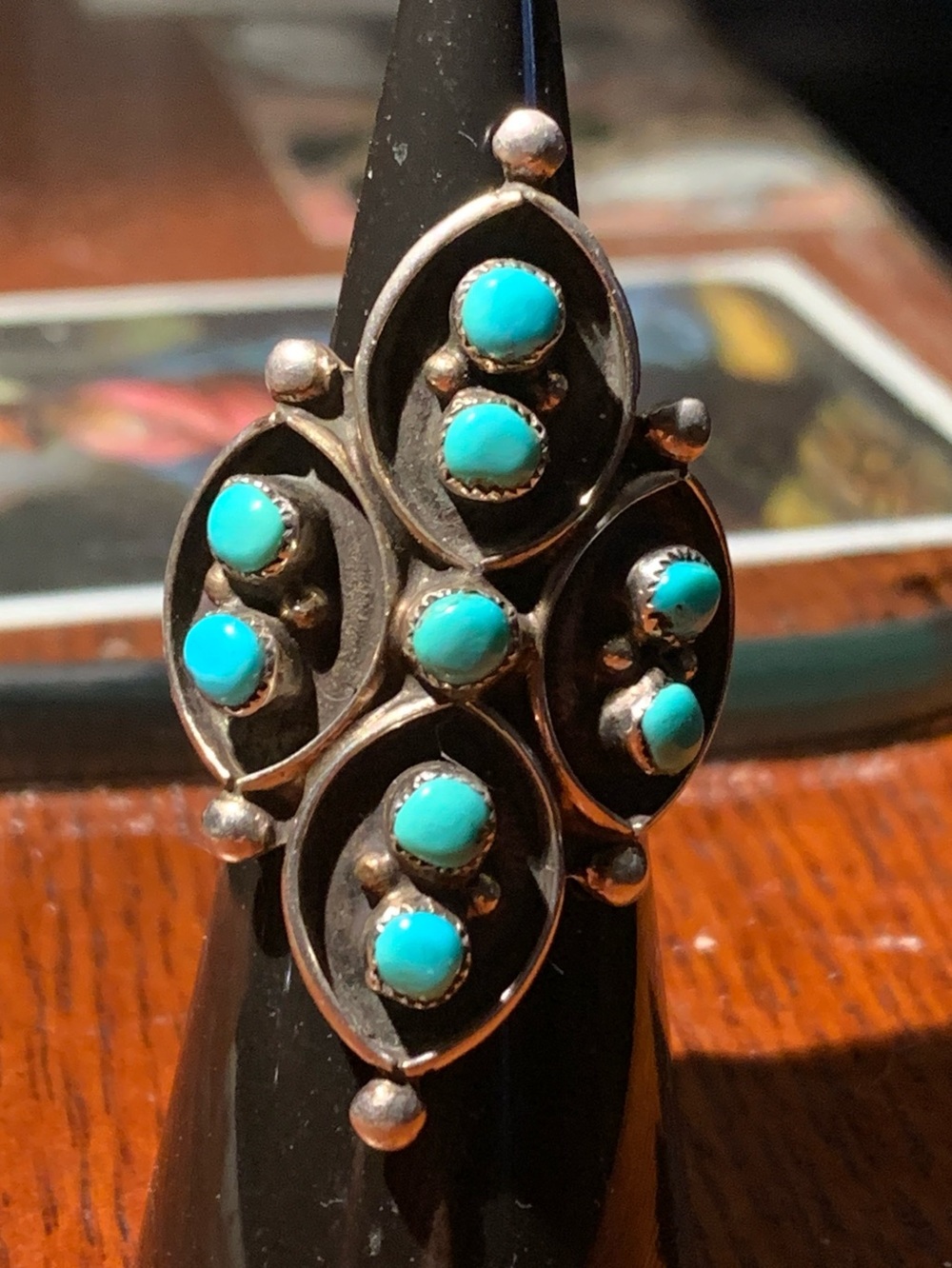 Vintage Zuni Petit Point Cluster Turquoise Ring FW Hallmark